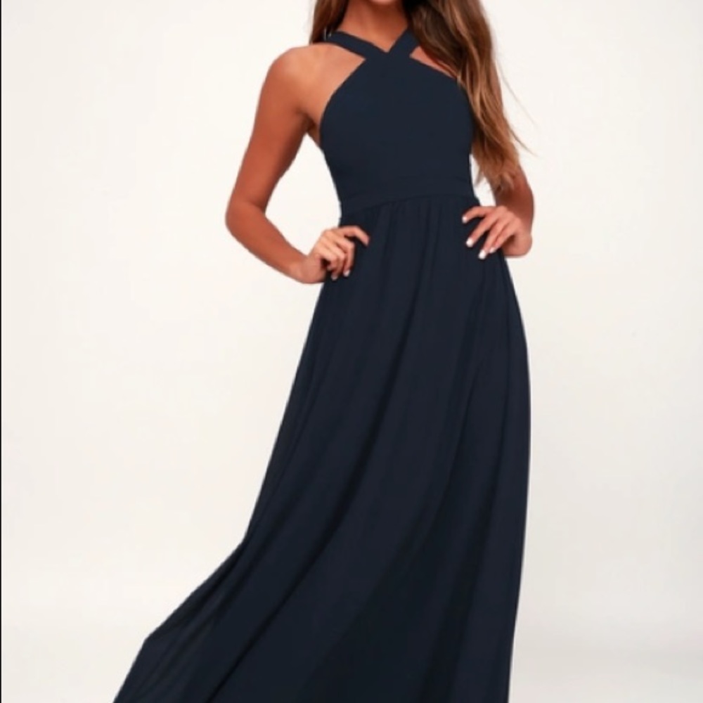 High neck navy blue prom dress